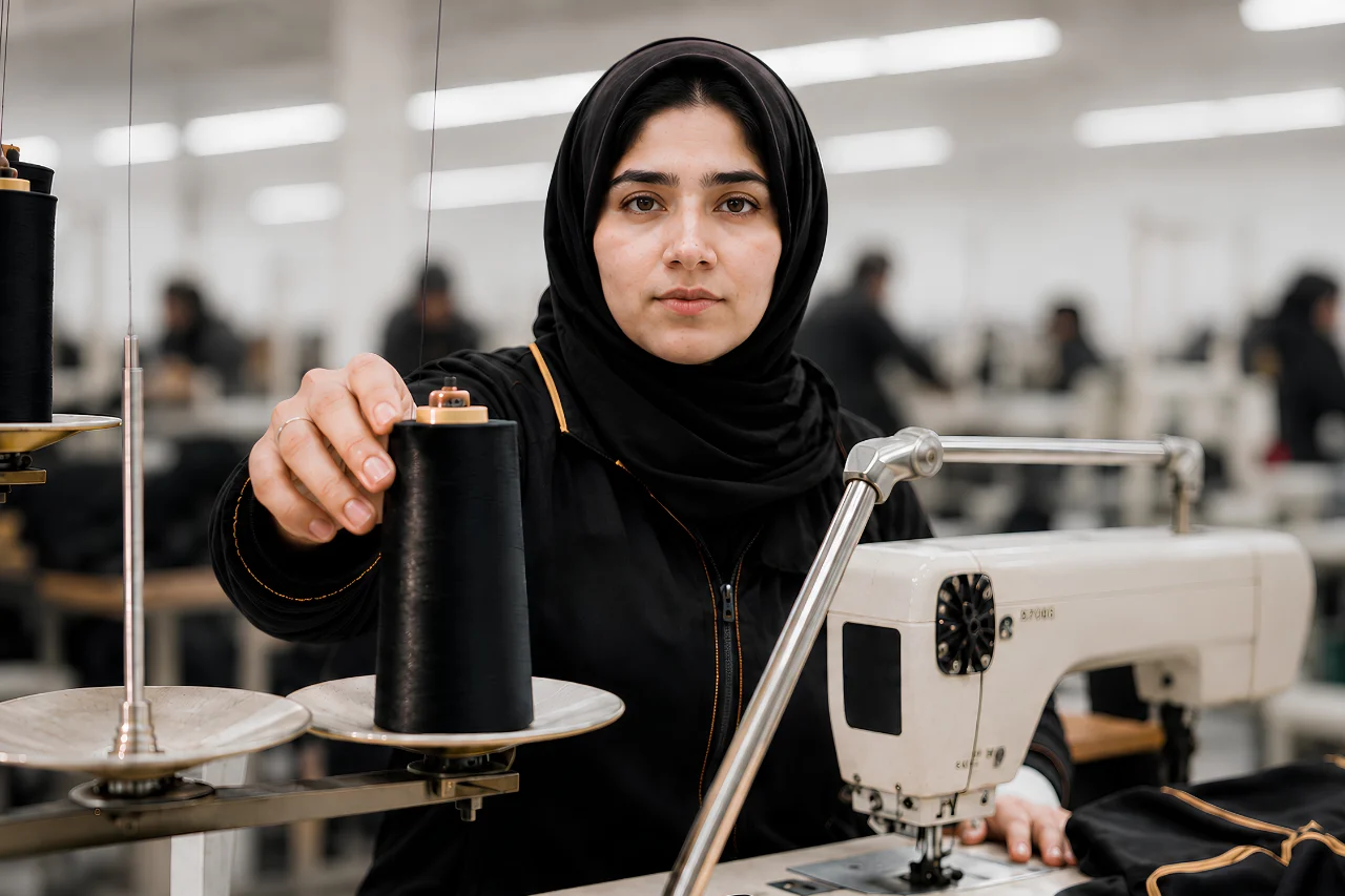 Pakistani female garment worker at a sewing machine in a modern sportswear factory, wearing black Visto Sports apparel with gold and white branding, surrounded by black-and-gold fabric and blurred production staff in the background.