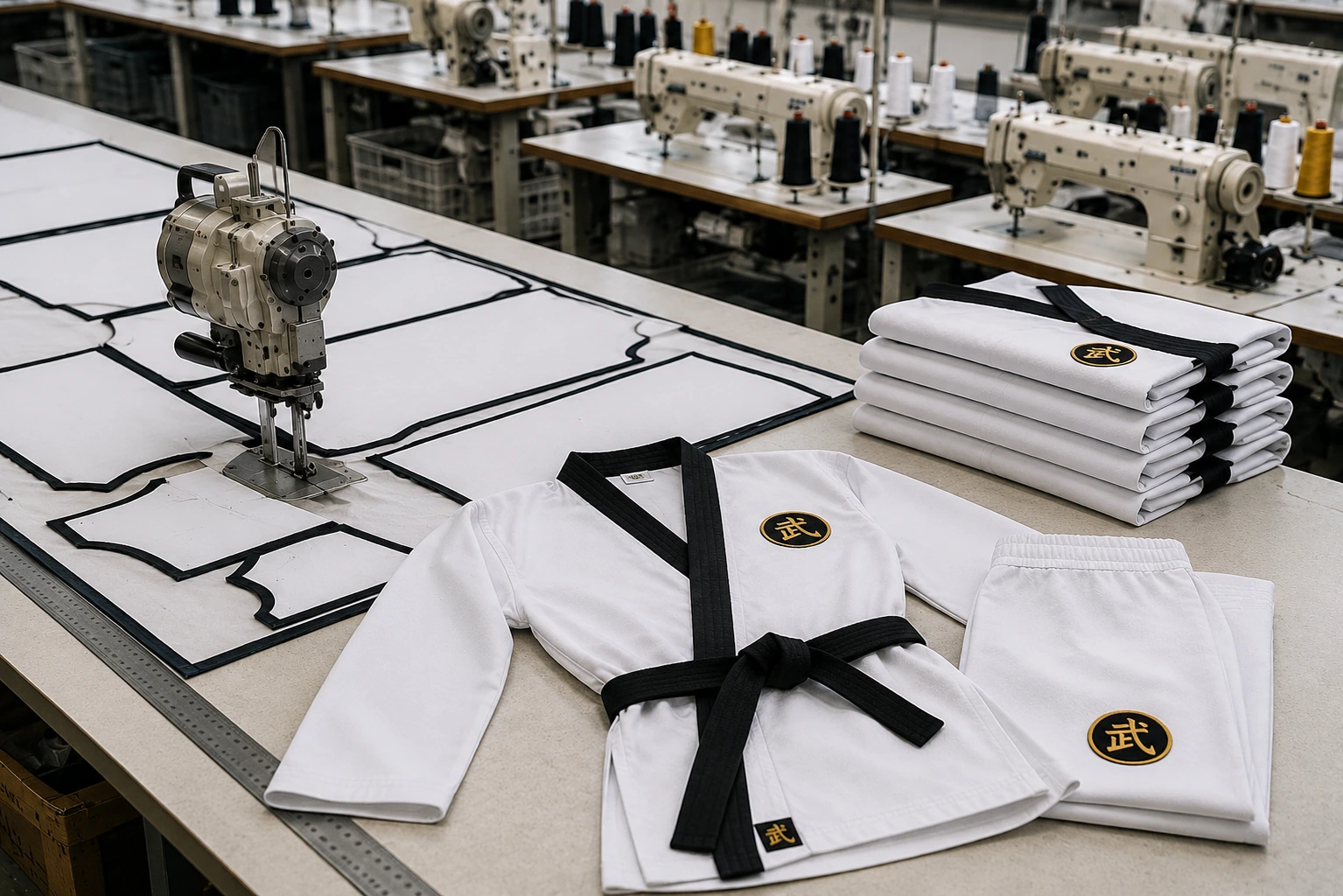 Martial arts clothing production workspace featuring white gi uniforms, fabric pattern pieces, an industrial cutting machine, and sewing equipment.