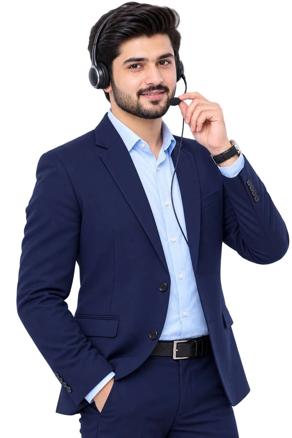 Professional Pakistani male customer support representative wearing a navy suit and headset, looking at the camera while holding the microphone.