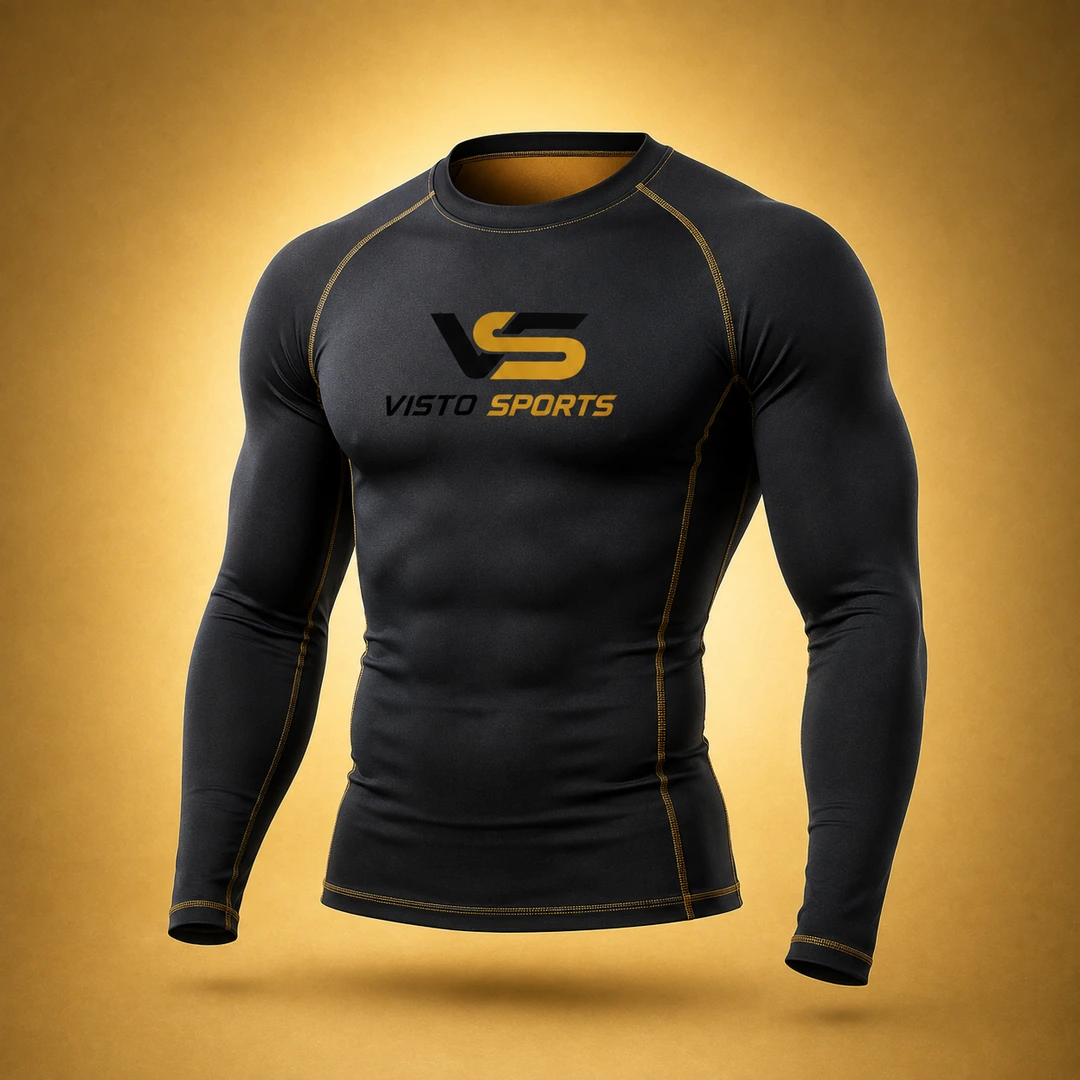 Premium black long-sleeve compression wear with gold stitching and Visto Sports branding, displayed as a realistic 3D athletic apparel mockup on a warm golden background.