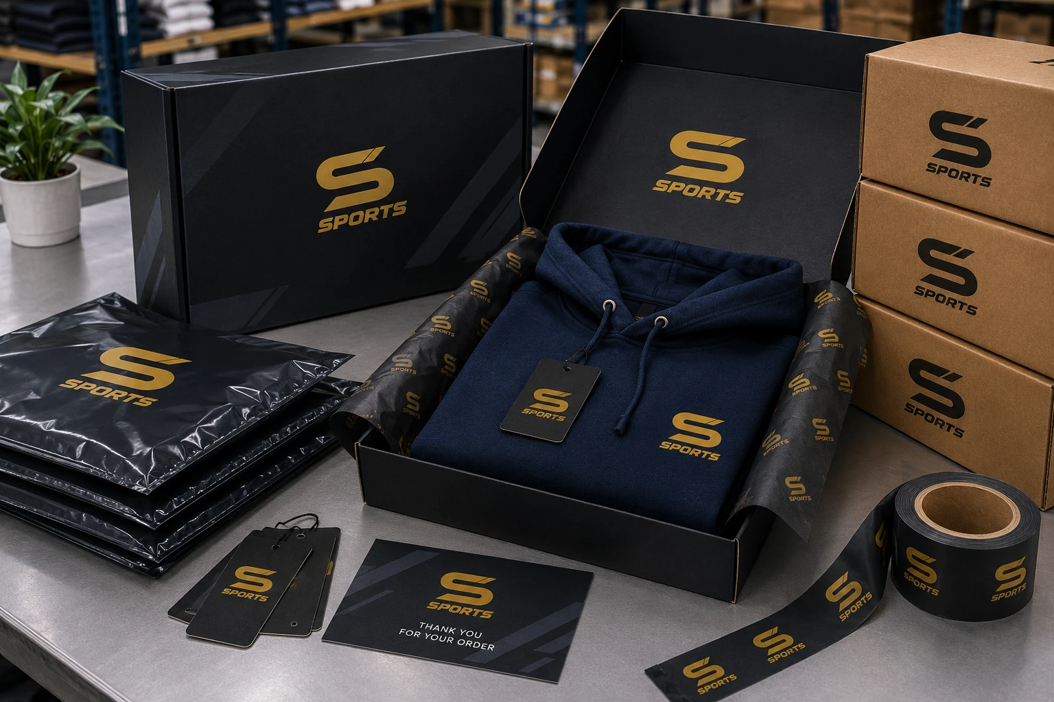 Premium Visto Sports custom packaging with a navy hoodie, branded boxes, garment bags, hang tags, tissue paper, and packaging tape arranged in a professional apparel warehouse.