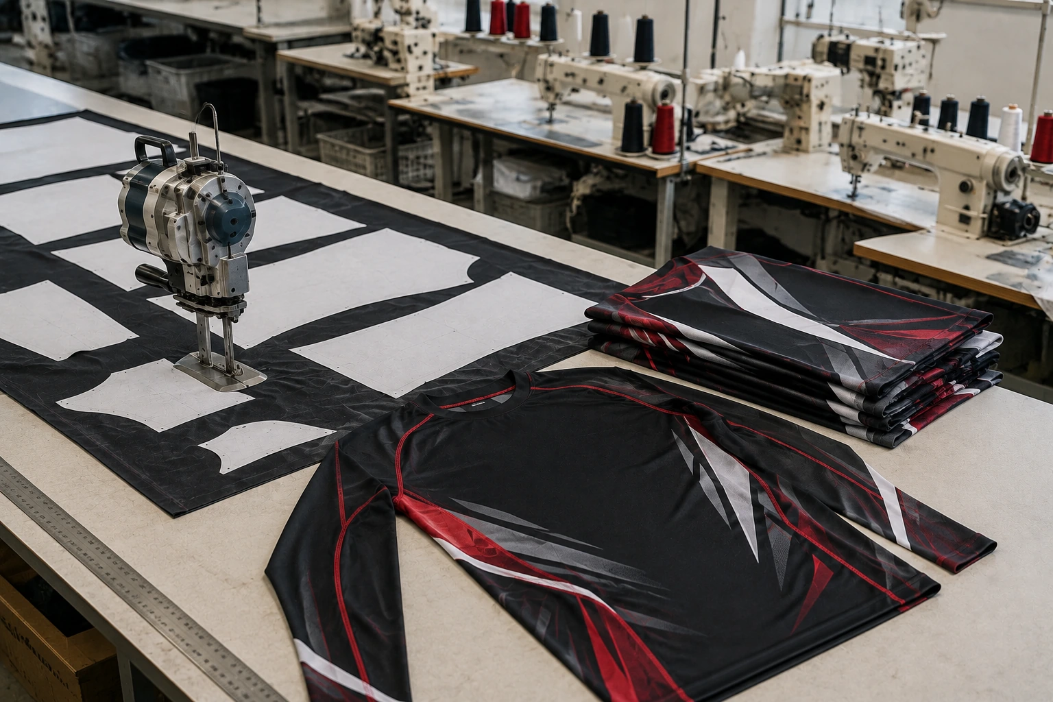 Realistic cutting and sewing process for custom rash guards, showing fabric patterns, an industrial cutting machine, sewing equipment, and finished performance garments in an apparel factory.