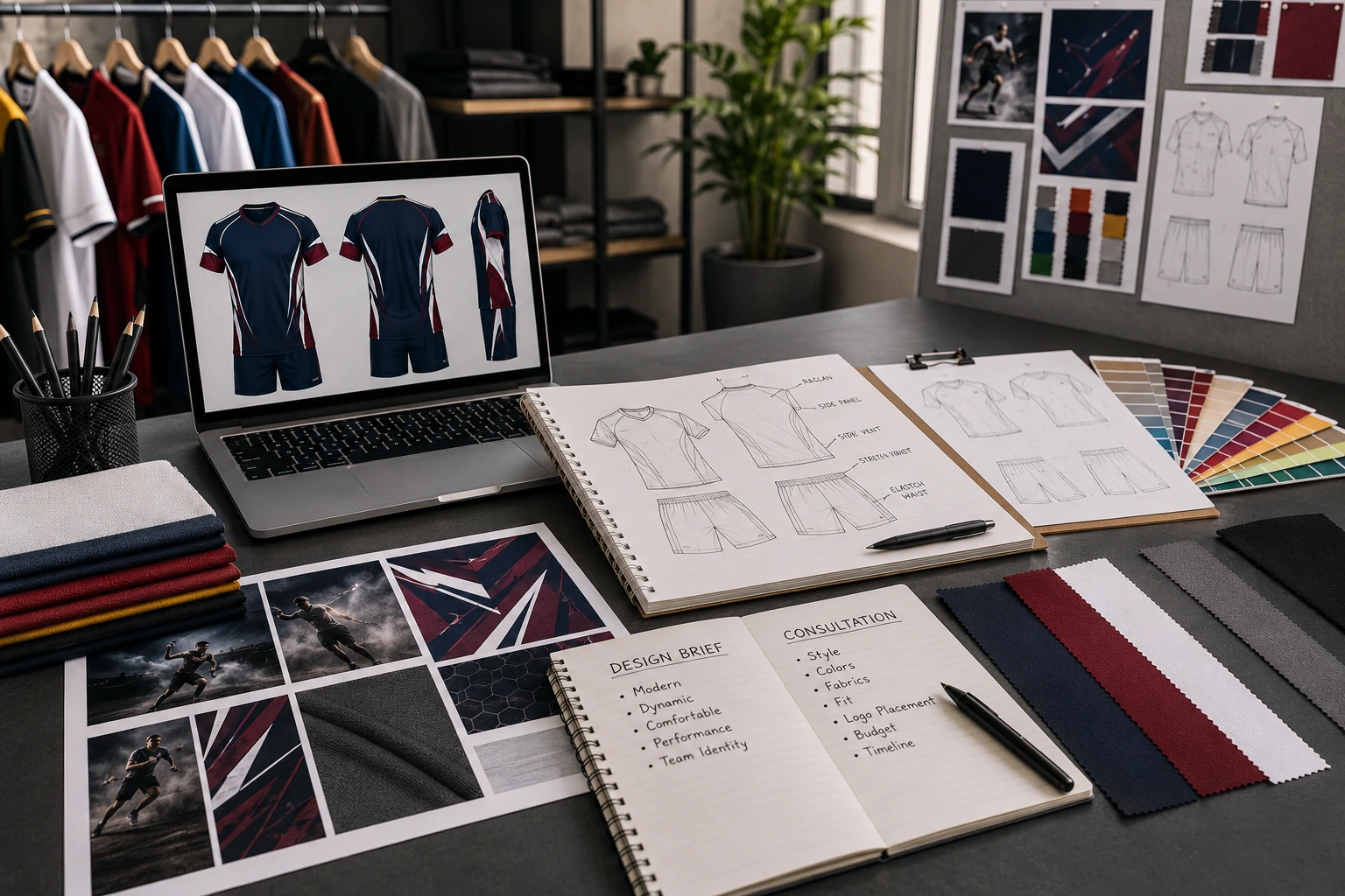 Professional sportswear design and consultation workspace featuring uniform sketches, fabric swatches, color samples, garment mockups, and design planning materials.