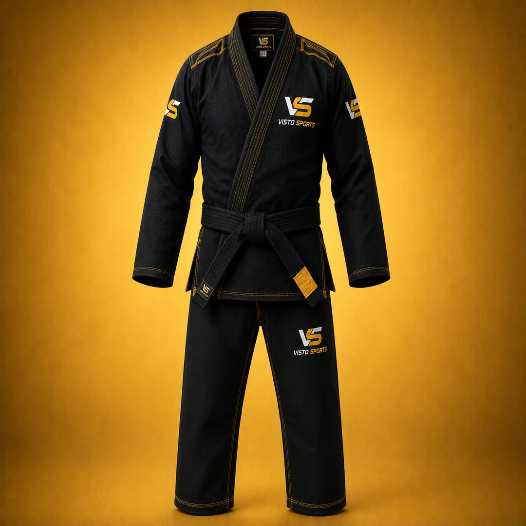 Premium black Visto Sports martial arts Gi with gold stitching, matching black belt, reinforced construction, and branded detailing on a warm golden studio background.