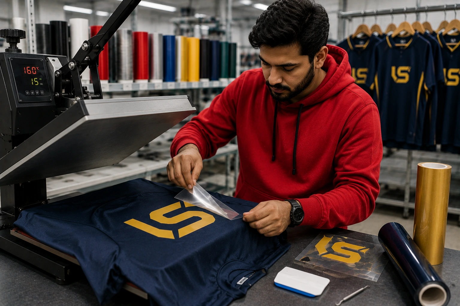 Pakistani apparel worker in a red hoodie applying gold heat-transfer vinyl to navy sportswear using an industrial heat press in a garment production facility.