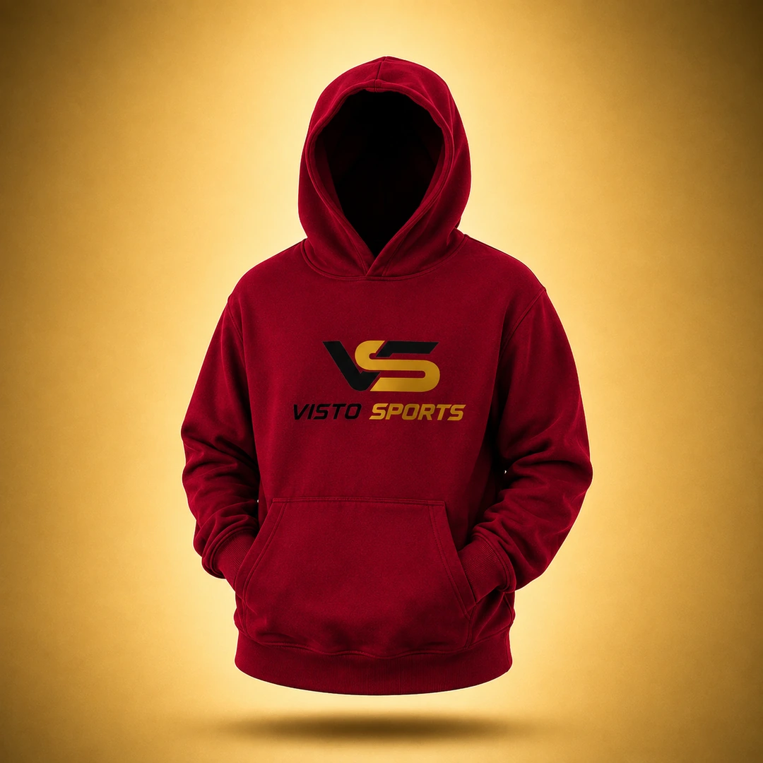 Premium maroon 3D hoodie mockup featuring the black and gold Visto Sports logo, displayed on a warm golden studio background.