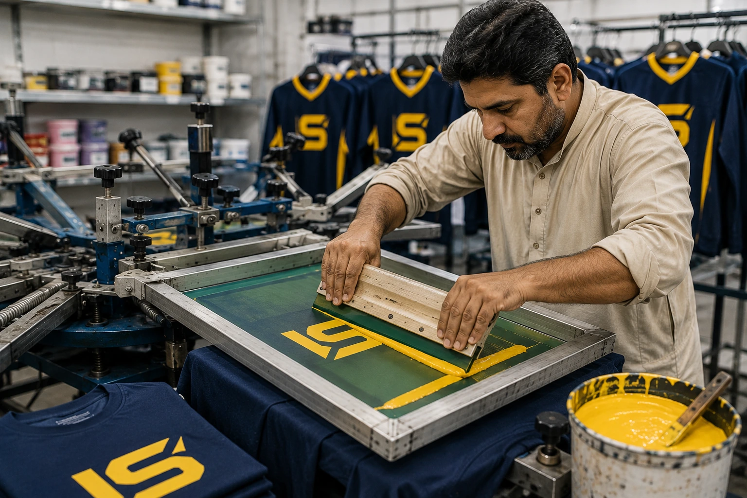 Pakistani apparel manufacturing professional applying gold ink to navy sportswear using a manual screen-printing machine in a garment production facility.