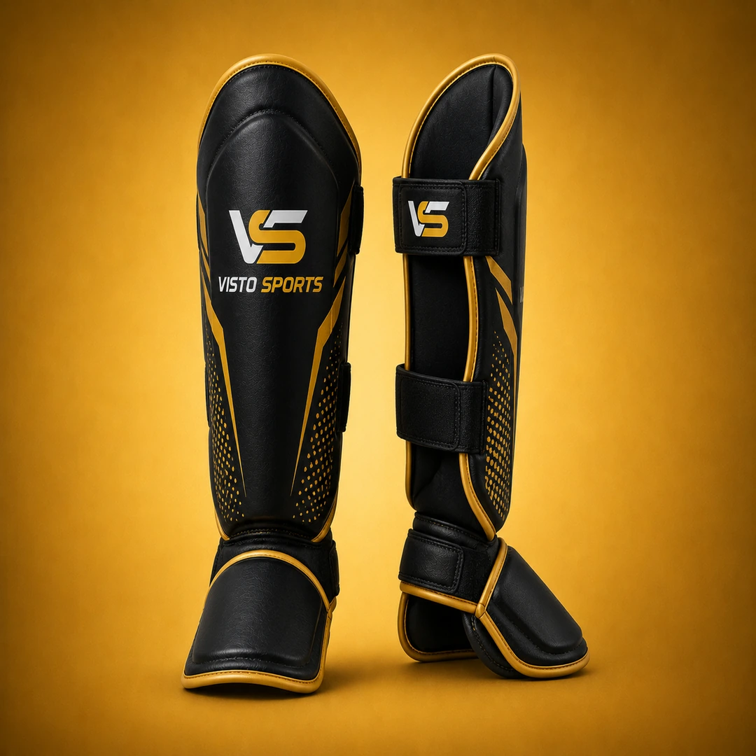 Premium black and gold Visto Sports shin guards with padded foot protection, secure straps, and branded detailing, displayed on a warm golden studio background.