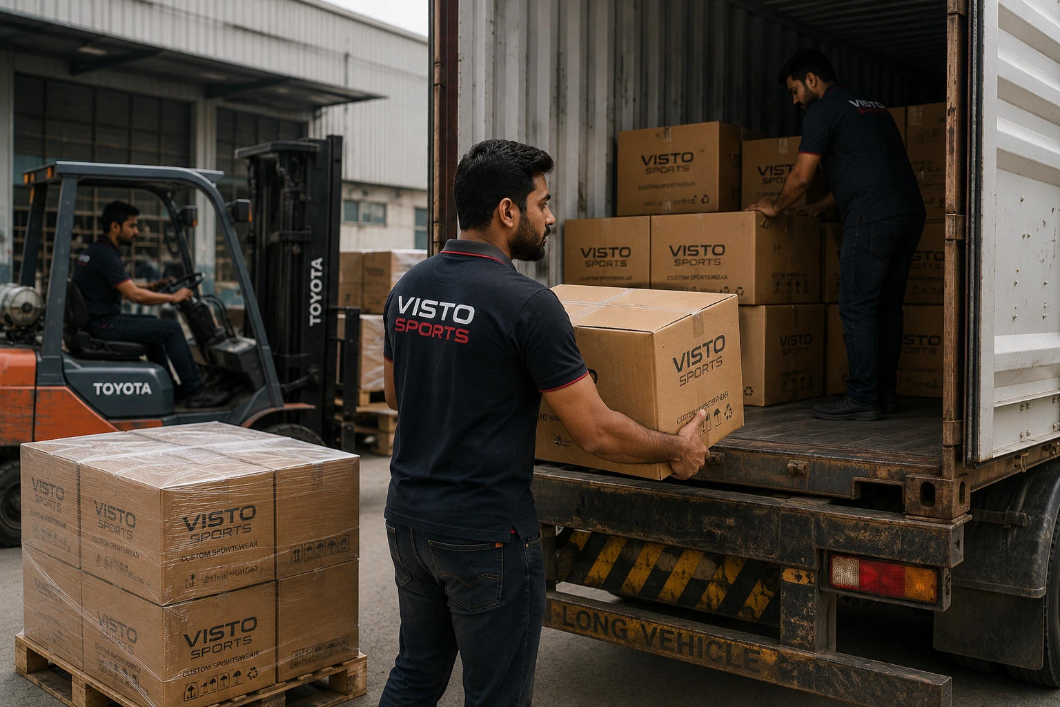 Pakistani warehouse workers loading packaged custom sportswear boxes into a shipping truck, with pallets and a forklift at an apparel manufacturing facility