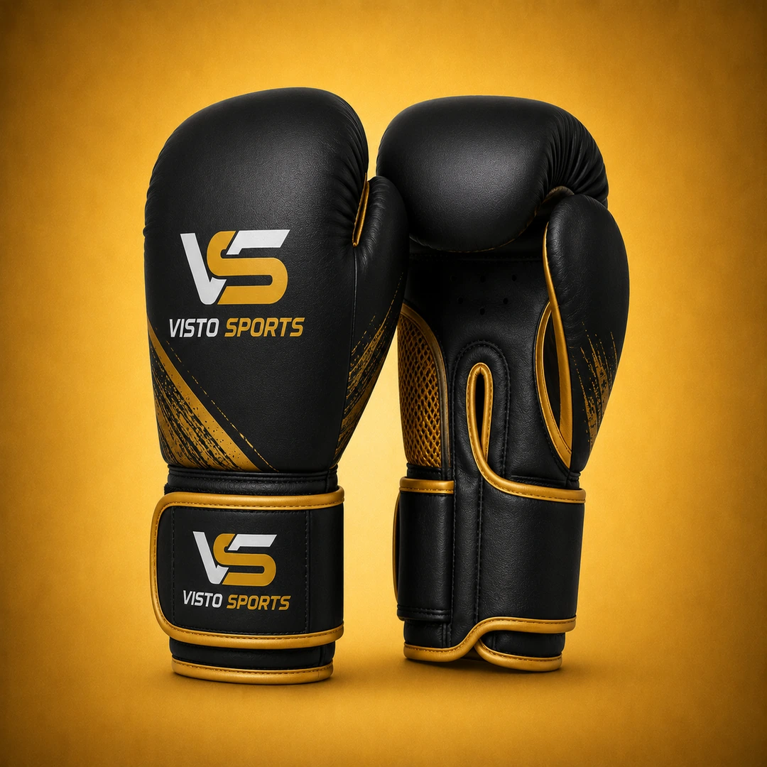Premium black and gold Visto Sports sparring gloves with padded construction, wrist support, and branded detailing, displayed on a warm golden studio background.