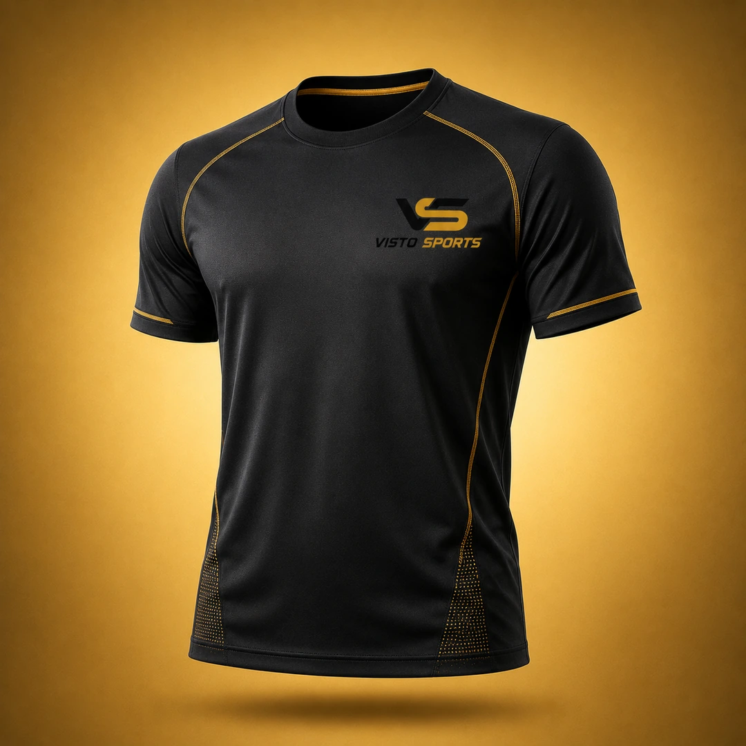 Premium black athletic T-shirt with gold stitching, performance mesh detailing, and Visto Sports branding, displayed as a realistic 3D sportswear mockup on a warm golden background.