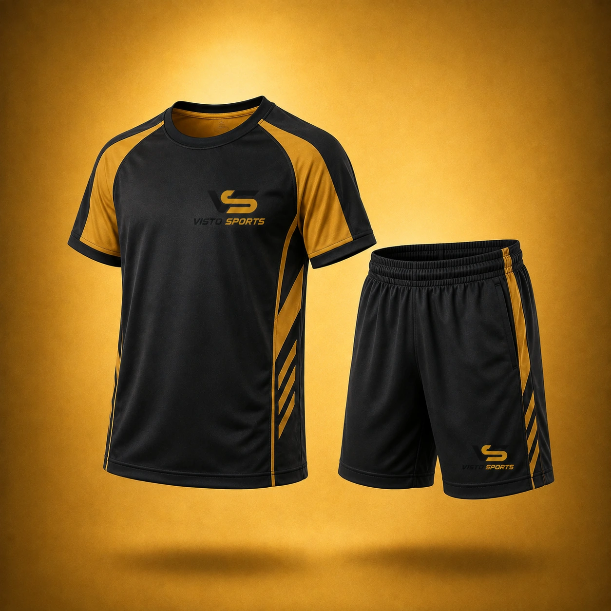 Black and gold youth sportswear set featuring a performance jersey and matching athletic shorts displayed on a premium golden studio background.